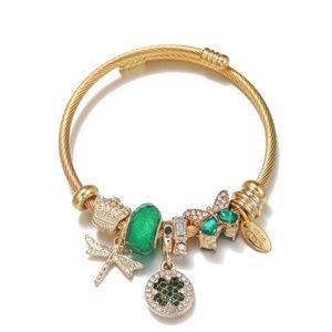 18K Gold Plated Stainless Steel Dragonfly Butterfly Bracelet/Gold-Green